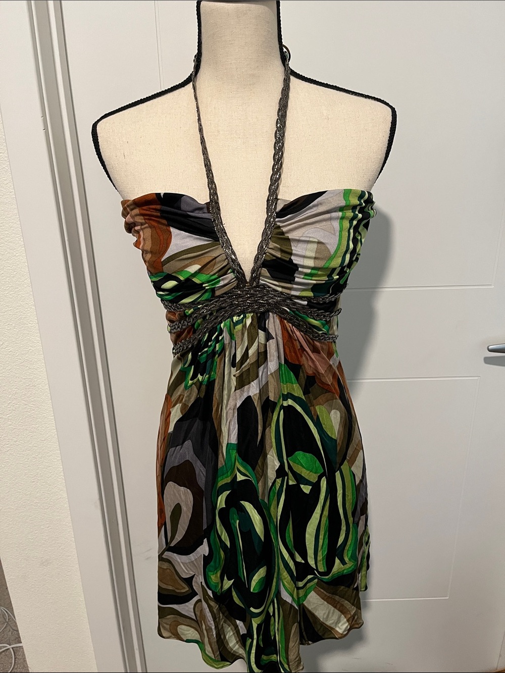 Y2K Sky Halter Tie Deep V-Neck Print Design Dress 2000’s Club Party Event